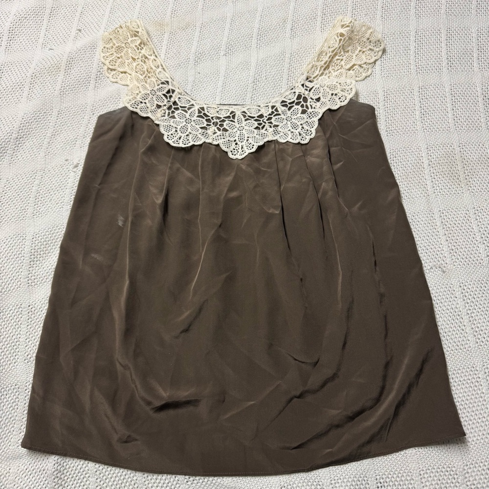 Milly Brown Silk Top with Cream Lace Accent size 2